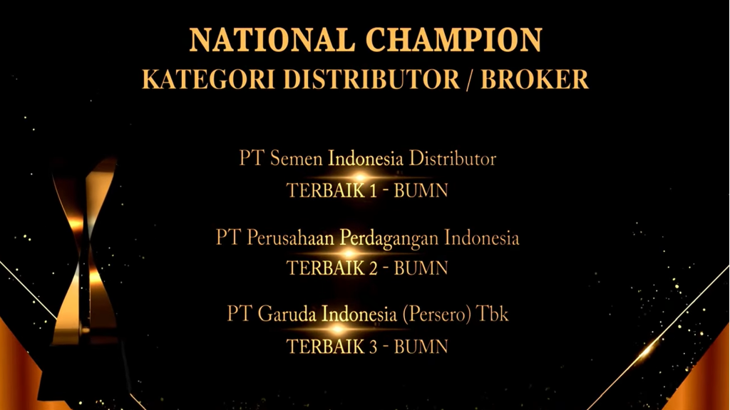 PT Semen Indonesia Distributor meraih penghargaan Terbaik 1 kategori Distributor/Broker pada acara Apresiasi Mitra BUMN Champion 2024